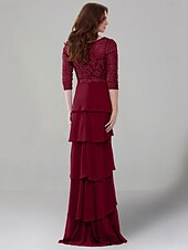baratos Comprimento do chão-Vestido Sheath Mãe da Noiva Vestido Elegante Decote em V Comprimento do Chão Chiffon Stretch Mangas Médias com Renda Camadas em Cor Sólida