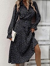 abordables Robes fleuries décontractées-robe midi à fleurs à col en V et manches longues pour femme printemps automne