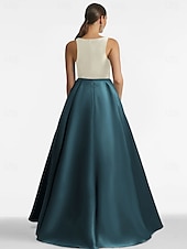 preiswerte GRÜN-Blau A-Linie Abendgarderobe Elegantes Kleid Formal Fußlänge Ärmellos Juwelenhals Tasche Satin mit Applikationen