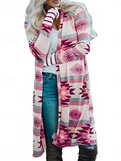 abordables Manteaux 3D-Veste décontractée Femme Extérieur Plein Air Usage quotidien Style Ethnique Style vintage Décontractées Imprimer Longue Manteau Rose Claire Vert Automne Hiver Ouvrir le devant Sans col Standard S M L