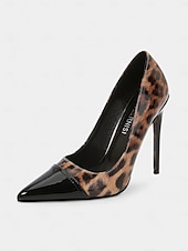 abordables Talons Aiguilles-talons aiguilles imprimé léopard pour femmes – escarpins à bout pointu en cuir verni rouge pour fêtes et événements nocturnes