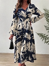 abordables Robes fleuries élégantes-robe longue à fleurs à col en V et manches longues pour femme printemps automne