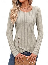 cheap Women&#039;s Plain Tops-Women&#039;s Shirt Blouse Solid Color Basic Casual Long Sleeve Crew Neck Regular Tops Daily Buttons Black Brown Beige Gray Fall Winter
