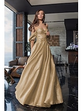 cheap CHAMPAGNE-A-Line Evening Gown Elegant Dress Formal Sweep / Brush Train Long Sleeve One Shoulder Pocket Satin with Glitter