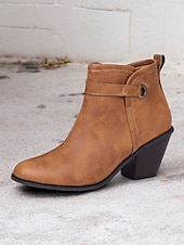 abordables Cowboy y botas occidentales-Botines estilo western vintage para mujer con tacones gruesos en bloque: botines de piel sintética con cremallera lateral para uso informal y al aire libre