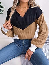billige Grafiske mønstre og detaljer-Dame Genser Pullover genser Fritid Myk Fargeblokk Riflet V-hals Strikket Langermet Vanlige topper Strikke utendørs Daglig Helg Blå Kakifarget Høst Vinter