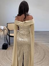 levne šampaň-Šaty v pouzdrovém střihu Večerní šaty S flitry Elegantní Formální Dlouhá délka Dlouhý rukáv Na jedno rameno Champagne Matka nevěsty Šaty s třpytivým šátkem Maškarní šaty