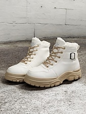 abordables Botines-Botines de mujer beige con cordones y forro de felpa cálido: calzado de invierno para exteriores con suela resistente y detalle de hebilla