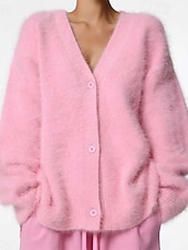 billiga Koftor &amp; Ytterkläder-dam oversize cardigan fuzzy v-ringad stickad höst vinter arbete helg elegant mode streetwear långärmad enfärgad rosa ljusgrå