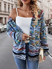 abordables Cardigans et vêtements d&#039;extérieur-Femme Pull Chandail Gilet Cardigan Décontractées Flexible Rayé A côtes Ouvrir le devant Poche Tricoté manche longue Hauts réguliers Tricoter Extérieur du quotidien Fin de semaine Rouge Bleu Automne