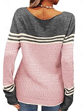 billige Grafiske mønstre og detaljer-Dame Genser Pullover genser Fritid Myk Stripet Riflet Crew-hals Lapper Strikket Langermet Vanlige topper Strikke utendørs Daglig Helg Rosa Oransje Høst Vinter