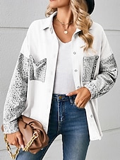 economico Giacche per camicie-Per donna Giacca di jeans Esterno Strada Da tutti i giorni Autunno Inverno Standard Cappotto Standard Traspirante Moda Informale Giacca Manica lunga Leopardo Con tasche Stampa Nero Bianco Blu