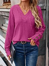 preiswerte Texturierte Oberteile-Damen Hemd Bluse Feste Farbe Basic Brautkleider schlicht Langarm V Ausschnitt Normale Oberteile Täglich Knopf Schwarz Fuchsie Braun Grau Herbst Winter