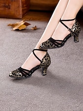 cheap Latin Shoes-Women&#039;s Leopard Print Closed Toe Dance Heels with Cross-Strap and Soft Suede Sole – Ideal for Latin, Ballroom, and Salsa Dancing