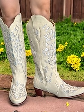 cheap Cowboy &amp; Western Boots-Women&#039;s Mid Calf Boots Vintage-Style White Western Cowboy Boots with Embroidery and Rhinestone Accents for Festivals and Everyday Wear