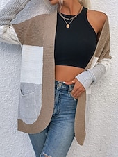 billige Åpen front cardigan-Dame Genser Kofte Fritid Myk Fargeblokk Riflet Åpen Forside Lomme Strikket Langermet Vanlige topper Strikke utendørs Daglig Helg Blå Kakifarget Høst Vinter