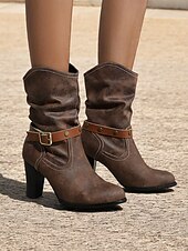 olcso Cowboy és nyugati csizma-női western cowboy félvádrájú csizma – barna műbőr laza csizma csattal, vastag sarkú country koncertekre, őszi szettekhez és hétköznapi szabadtéri viseletre