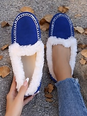 お買い得  レディース・スリッパ＆ビーチサンダル-女性用フェイクスエードモカシンスリッパ - フェイクファーの裏地付き、ステッチのディテールが施された暖かい屋内外用ハウスシューズ