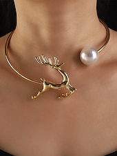 baratos Colar Feminino-conjunto de pulseira de rena dourada e gargantilha de pérolas para mulheres – joias festivas para mulheres, acessórios elegantes para festas de fim de ano