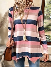 economico Maglie lunghe-Maglietta tunica da donna a righe casual maniche lunghe girocollo top regolari stampa quotidiana asimmetrica rosa primavera e autunno