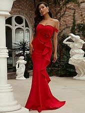 preiswerte ROT-Abendkleid im Meerjungfrauen-Stil, elegantes Kleid, formelle Schleppe, kurze Ärmel, schulterfrei, Tasche, Stretch-Crêpe mit Falten 2025