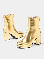 cheap Ankle Boots-Women&#039;s Gold Metallic Ankle Boots – Block Heel Shiny Fashion Boots for Parties and Special Occasions