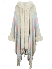 cheap Coats &amp; Trench Coats-Women&#039;s Cloak / Capes Outdoor Street Daily Wear Fall Winter Regular Coat Regular Fit Thermal Warm Breathable Stylish Casual Jacket Long Sleeve Stripe Faux Fur Trim Khaki Apricot Gray
