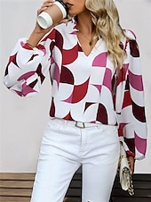 voordelige Vrouwen Werk Tops-Dames Overhemd Blouse Geometrisch Casual Lange mouw Gekerfde nek Normale tops Dagelijks Afdrukken Zwart Wijn Herfst Winter