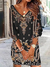 billiga Boho-klänning-Dam Mini klänning Vardagsklänning Vinterklänning Semi formell klänning Miniklänning Ledigt Dagligen Cocktailfest Normal Blommig V-hals Svart Höst Vinter