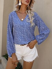 economico Top Grafici da Donna-Per donna Camicia Blusa Floreale Informale Manica lunga A V Top regolari Giornaliero Stampa Blu Verde Autunno Inverno