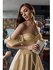 cheap CHAMPAGNE-A-Line Evening Gown Elegant Dress Formal Sweep / Brush Train Long Sleeve One Shoulder Pocket Satin with Glitter
