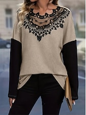 economico Top in Pizzo-Top in pizzo elegante da donna blusa all&#039;uncinetto moda moderna casual top semplici regolari maniche lunghe scollo rotondo vestibilità regolare abbigliamento quotidiano weekend romantico top petite