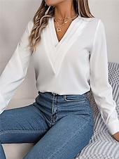 preiswerte Elegante Oberteile-Damen Hemd Bluse Feste Farbe Basic Brautkleider schlicht Langarm V Ausschnitt Normale Oberteile Täglich Weiß Rosa Wein Herbst Winter