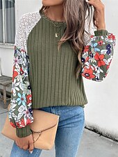 abordables Motifs graphiques et détails-Femme Pull Chandail Pull Décontractées Flexible Floral A côtes Col Ras du Cou Patchwork Tricoté Imprimer manche longue Hauts réguliers Tricoter Extérieur du quotidien Fin de semaine Vert Automne Hiver