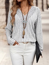 Women's Elegant Lace Tops Eyelet Blouse Casual Solid Color Regular Tops Long Sleeve V Neck Lace Regular Fit Daily Gray Romantic Petite Tops Summer Holiday Wear Semi Formal Blouses 6