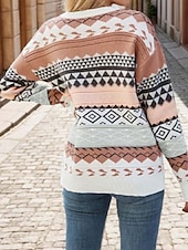 billige Grafiske mønstre og detaljer-Dame Genser Gatemote Stilfull Geometrisk Fargeblokk Crew-hals Strikket Langermet Vanlige topper Strikke utendørs Ut på byen Rosa Kakifarget Høst Vinter