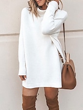 voordelige Gebreide jurken-Dames Trui jurk Casual Zacht Heldere kleur Geribd Coltrui Gebreid Lange mouw Lange tops breien Buiten Dagelijks Weekend Zwart Wit Herfst Winter
