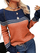 billige Grafiske mønstre og detaljer-Dame Genser Pullover genser Fritid Myk Stripet Riflet Crew-hals Lapper Strikket Langermet Vanlige topper Strikke utendørs Daglig Helg Rosa Oransje Høst Vinter