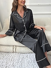 billiga Sovkläder till damer-pyjamasset för kvinnor ren färg avslappnad komfort hem dagligen satin siden komfort varm lapel långärmad skjorta byxa knapp upp resår midja höst vinter hem outfits