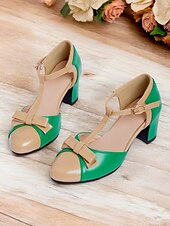olcso Block Heels-vintage stílusú zöld és bézs női blokksarkú cipő masnis akcentussal – elegáns t-pántos szandál bulikra és különleges alkalmakra