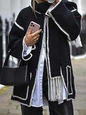 billiga Trenchcoats-Dam Vinterkappa Utomhus Gata Dagliga kläder Höst Vinter Normal Täcka Normal Håller värmen Andningsfunktion Stylish Ledigt Jacka Långärmad Slät Tofs Med fickor Svart Vit Kaki