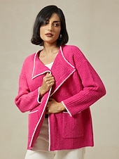 billiga Koftor &amp; Ytterkläder-Dam Kofta Nedvikt Ribbad Sticka Ullblandning Färgblock Drop Shoulder Höst vinter Ledigt / vardag Ledigt vardag Långärmad Kontrastfärg Rosenröd S M L