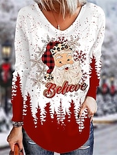 preiswerte Weihnachts-T-Shirts-Damen Bluse Langarm V-Ausschnitt Print Weihnachtsmannmütze Weingläser Urlaubs T-Shirt Schwarz Festlich Casual Party Top Bequem