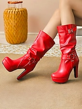cheap Platform Boots-Women&#039;s White Knee-High Platform Boots with Buckle Straps and High Heels – Stylish Winter Boots for Bold Fashion Statements