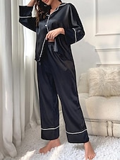 billiga Sovkläder till damer-pyjamasset för kvinnor ren färg avslappnad komfort hem dagligen satin siden komfort varm lapel långärmad skjorta byxa knapp upp resår midja höst vinter hem outfits