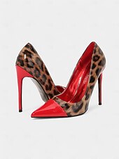 abordables Talons Aiguilles-talons aiguilles imprimé léopard pour femmes – escarpins à bout pointu en cuir verni rouge pour fêtes et événements nocturnes