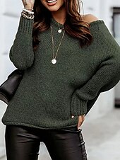billige Solide farger-Dame Genser Pullover genser Fritid Myk Ren farge Riflet Båthals Strikket Langermet Vanlige topper Strikke utendørs Daglig Helg Rosa Brun Høst Vinter