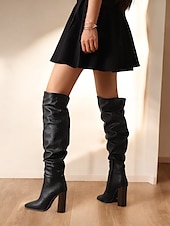 abordables Bottes souples-bottes souples marron au-dessus du genou pour femmes - talon épais, bout pointu, chaussures décontractées élégantes pour l&#039;automne et l&#039;hiver