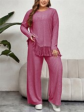 abordables grande taille deux pièces-Femme Grande taille Hauts T shirt Tee Ensemble Couleur unie Franges manche longue Col Ras du Cou Décontractées du quotidien Polyester Automne Hiver Fuchsia Vert