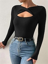 preiswerte Damen Einfache Oberteile-Damen T Shirt Glatt Modisch Modern Brautkleider schlicht Langarm V Ausschnitt Normale Oberteile Täglich Wochenende Öse Schwarz Weiß Beige Grau Herbst Winter